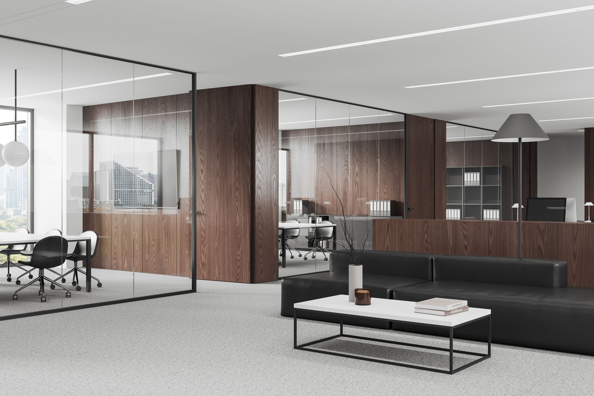 Stylish office room interior with chill and glass meeting space, panoramic window